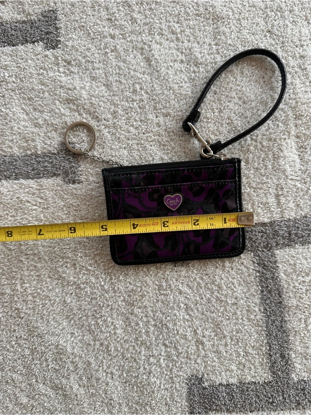Coach Purple and Black Leopard Print Card Case with Wrist Strap